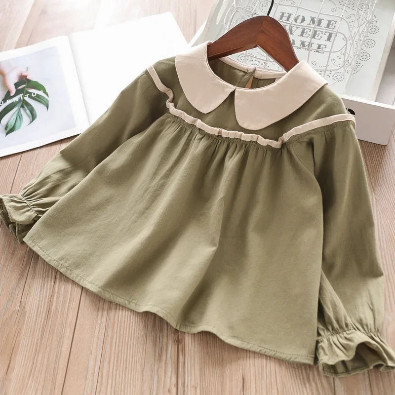 Green -AZ2206 Keelorn/Повседневная Весенняя однотонная хлопковая рубашка для девочек детская одежда новые детские топы с длинными рукавами и отложным воротником, блузка, рубашка - Цвет: Green -AZ2206