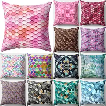 

Creative Mermaid Fish Scales Ative Throw Pillow Case 18'' Home Sofa Cotton Linen Cushion Cover Decor