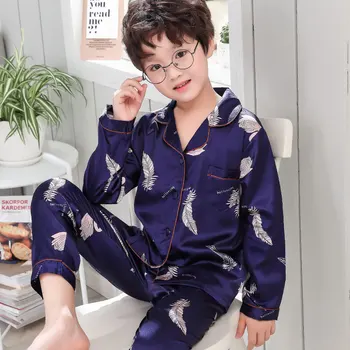 

2020 Long Sleeve Silk Boys Sleepwear Kids Cute Comfortable Pyjamas Children Baby Pajamas Spring Summer Fake Silk Nightwear Set