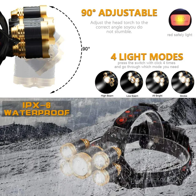 7000LM LED Headlamp Super Bright Headlight 3/5 LED Head Torch LED Lamp Flashlight Camping Fish Light Waterproof Lanterna 18650