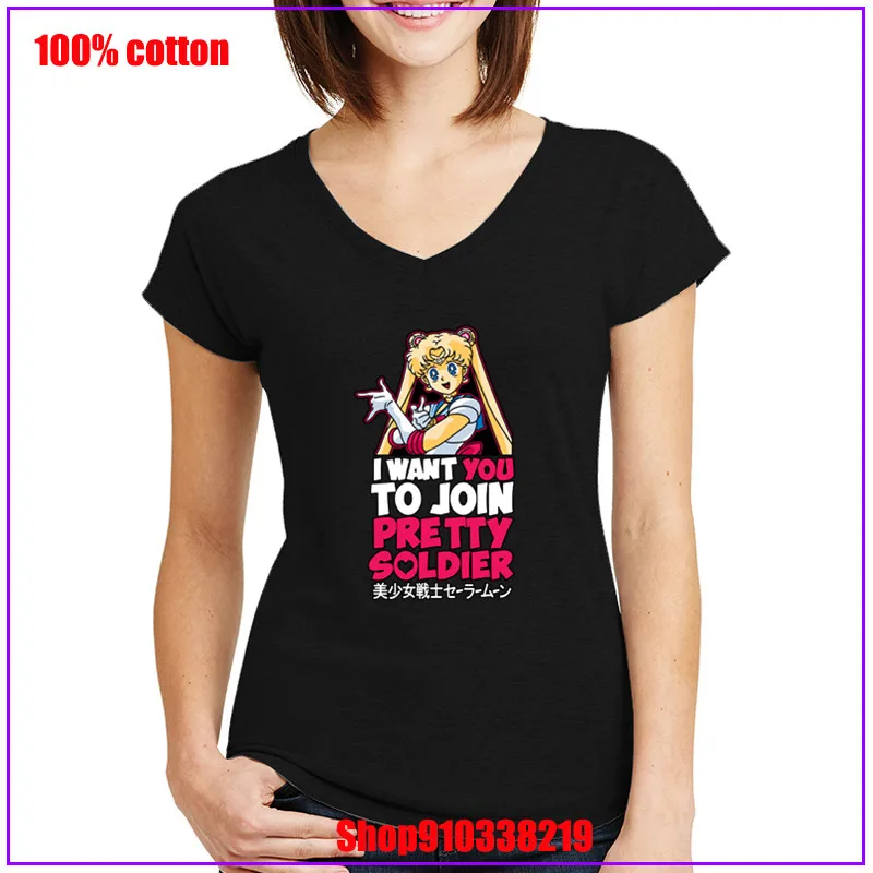 Join Pretty Soldier Sailor Moon Fanart propaganda white New Arrival White Slim Couple T-Shirt Symbol Tees V neck t shirt women | Женская