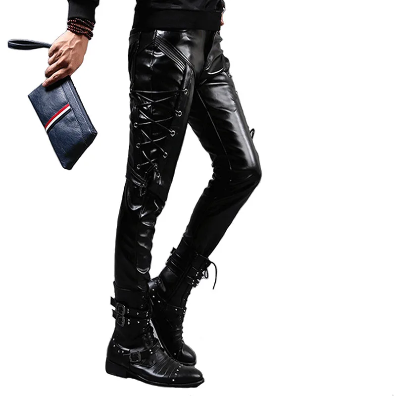 

KIOVNO Men's Fashion Biker Leather Pants Punk Style Black Pu Faux Leather Trousers For Male Party Stage Performance Night Club