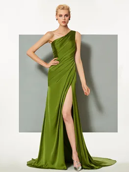 

Green elegant evening dress sheath court train one shoulder split-front wedding party formal dress column evening dresses