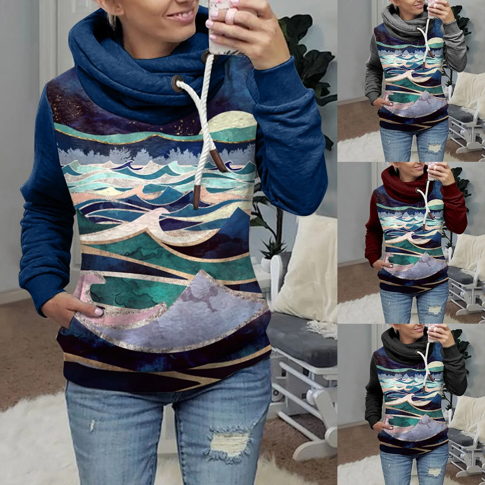 

Aesthetic Hoodies Women Landscape Painting Contrast Lady Turtleneck Sweatshirt Long Sleeve Pullover Tops sudaderas para mujer