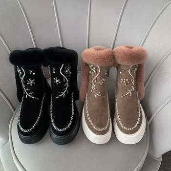

2020 New winter shoes women's snow boots cow suede crystal Rabbit hair snow boots women's ankle boots bottes femme