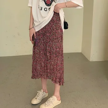 

A- line Skirt Summer Female 2020 New Vintage Chic Temperament High-Waisted Long Pleated Chiffon Floral Skirt