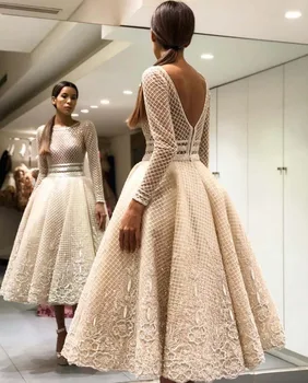 Elegant Bige Color Unique Lace Cocktail Dresses Full Sleeves V-Back Tea-Length Prom Gowns Robe De Soiree Champagne Party Dresses 1