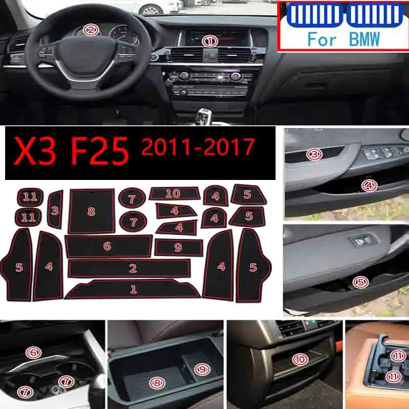 

Car Styling For Bmw X3 F25 2011-2017 Performance M Power Cover Door Groove Mat Gate Slot Cup Anti Slip Slot Mats Pads Sticker