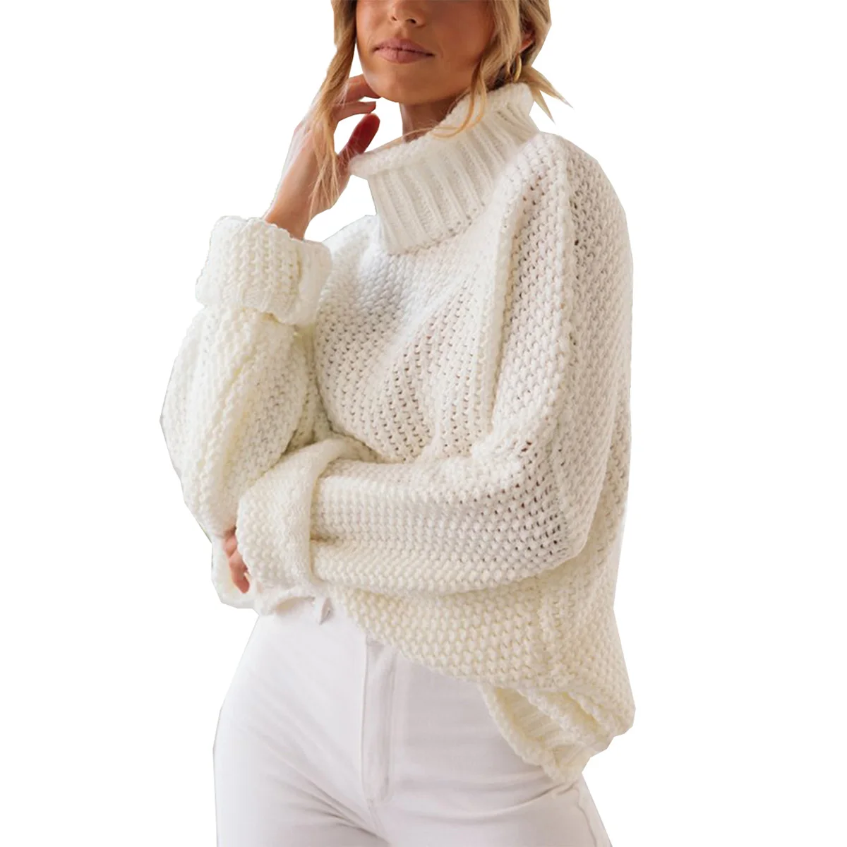 Women Autumn Loose Sweater Casual Style Solid Color Long Sleeve High Collar Knitwear One Size