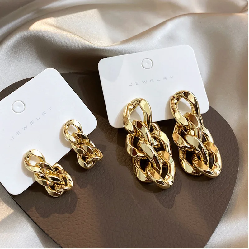 

Korea Cuba Bright Gold Exaggerated Metal Chain Stud Earring Retro Small Big 925 Sterling Silver Pin Punk Prom Vintage Jewelery