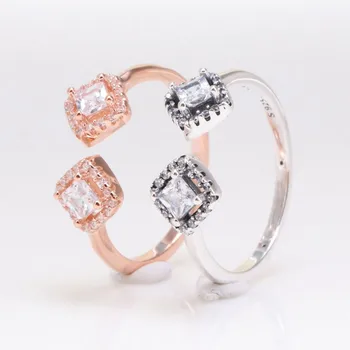 

100% 925 Sterling Silver Pan Ring New Open Geometry Rose Gold Sparkle Ring For Women Wedding Party Gift Fashion Jewelry