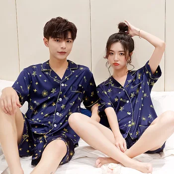 

Sexy Couple Nightwear 2PCS Pajamas Suit Casual Short Sleeve Home Clothing Intimate Lingerie Print Men And Women Soft Sleepwear