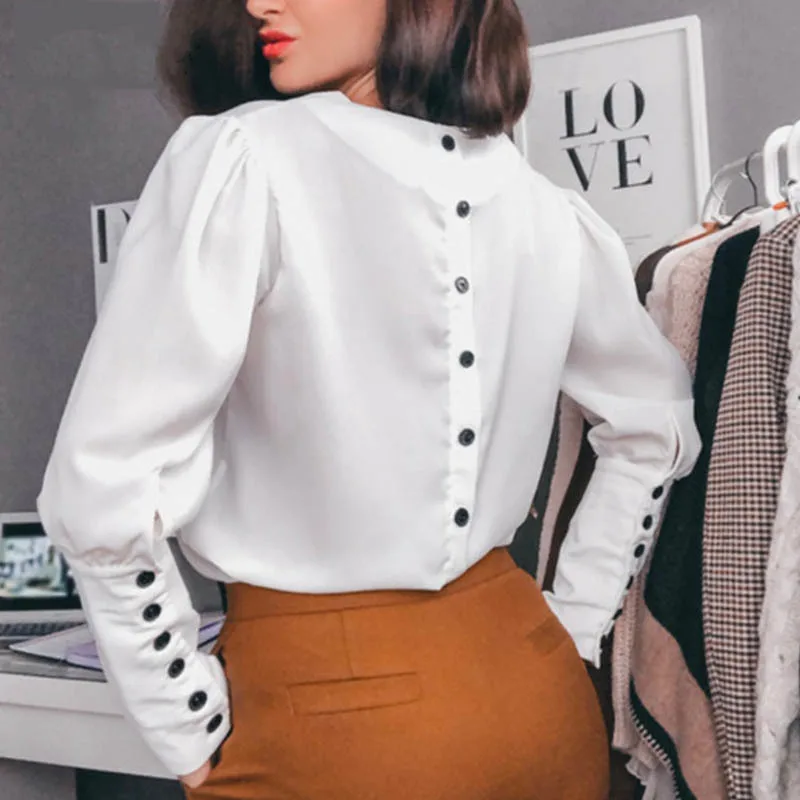 

Spring Women Blouse V Neck Shirts Office Lady Back Metal Buttons Pullover Tops Women Puff Long Sleeve Blouse Shirts Women Tops