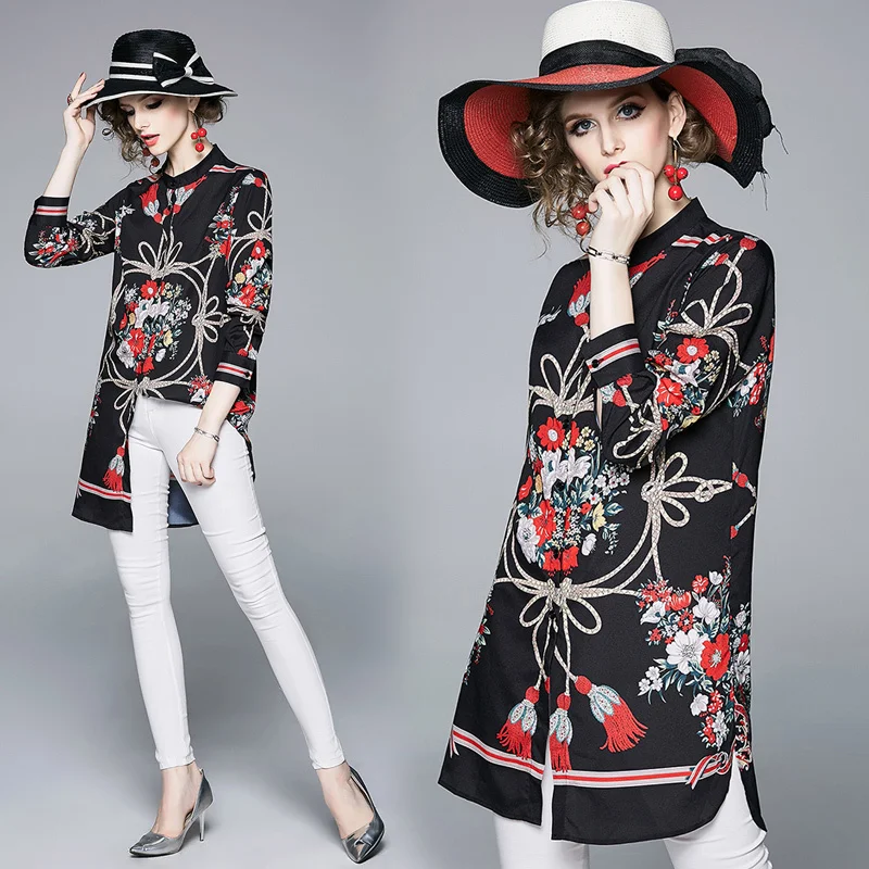 

New 2019 Spring Summer Fall Runway Vintage Floral Print Mock Neck Long Sleeve OL Womens Ladies' Casual Split Tops Shirts Blouses