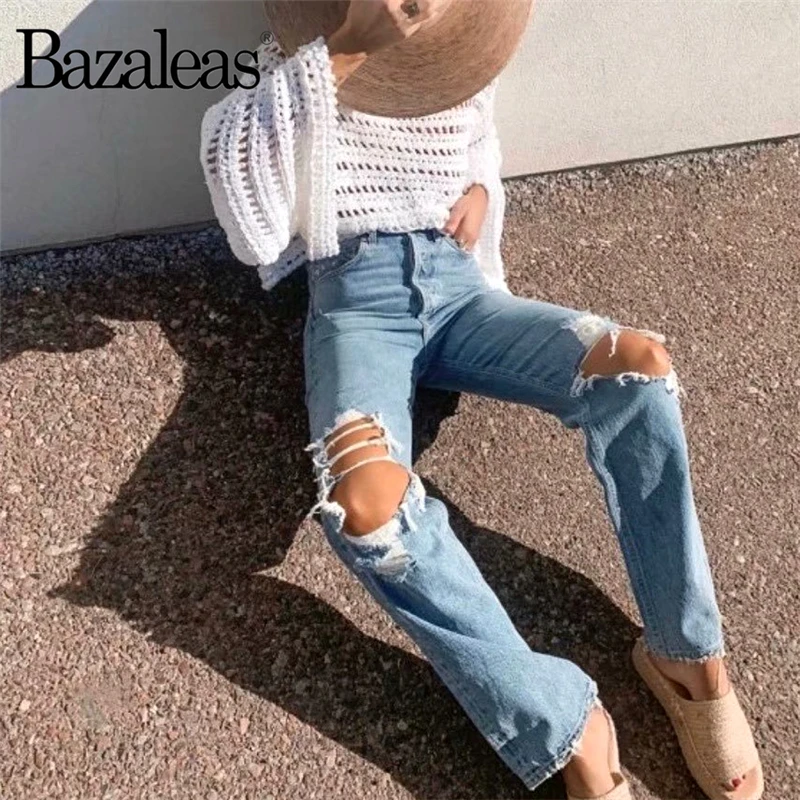 Bazaleas Vintage Hollow Out women jeans Fashion high waist Jean Punk cotton Knee Hole jeans Streetwear Straight demin pants