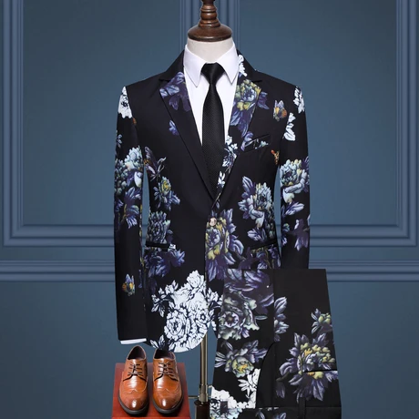 Весенний костюм с принтом, мужской деловой Повседневный приталенный костюм, пиджак+ брюки, Двухсекционный мужской модный Банкетный бальный костюм - Цвет: black