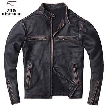 

2020 Vintage Black Men Slim Fit Motorcycle Leather Jacket Plus Size XXXXL Genuine Cowhide Spring Short Biker Coat FREE SHIPPING