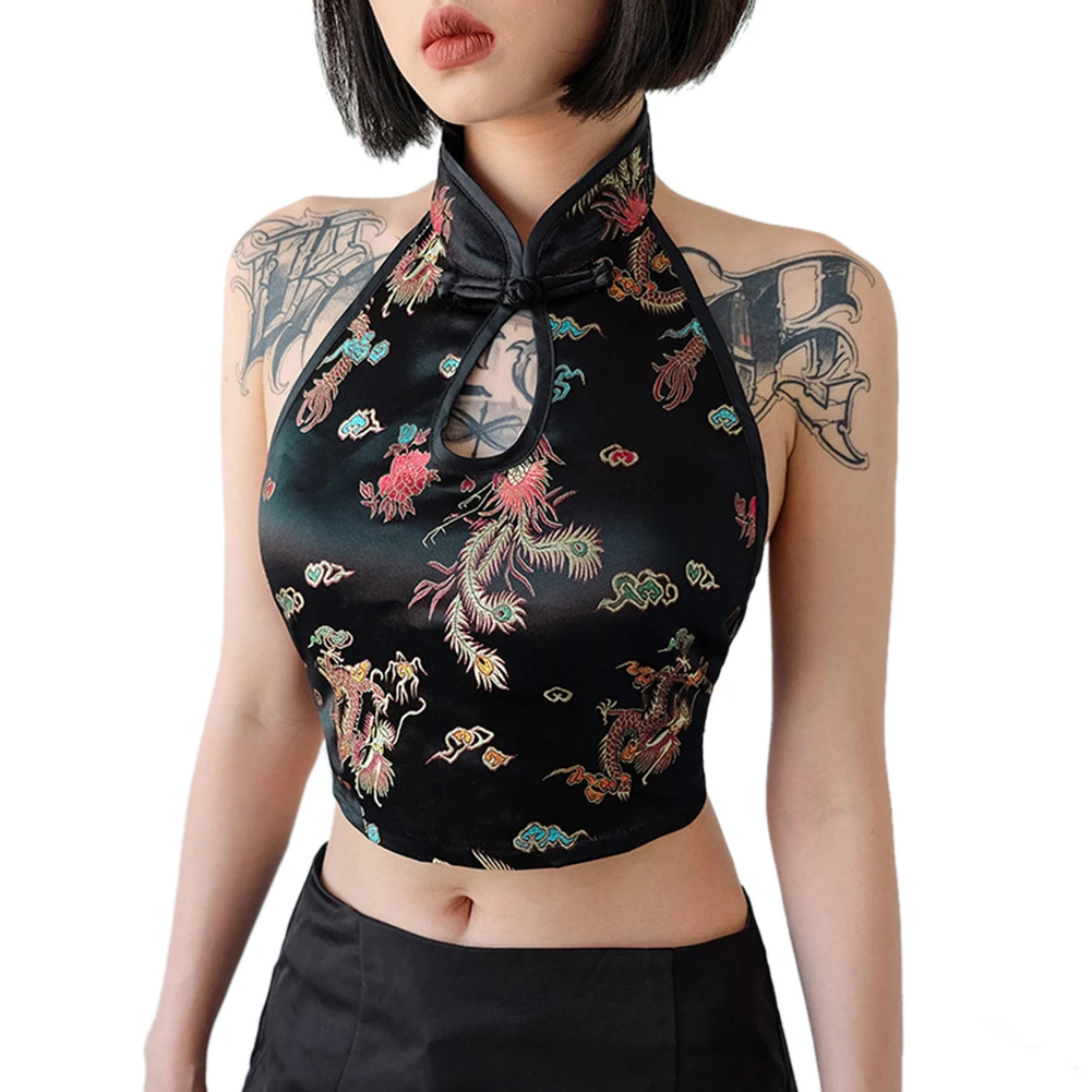 2020 китайский Стиль Cheongsam Винтаж вышивка в виде дракона Кроп-топы Для женщин на