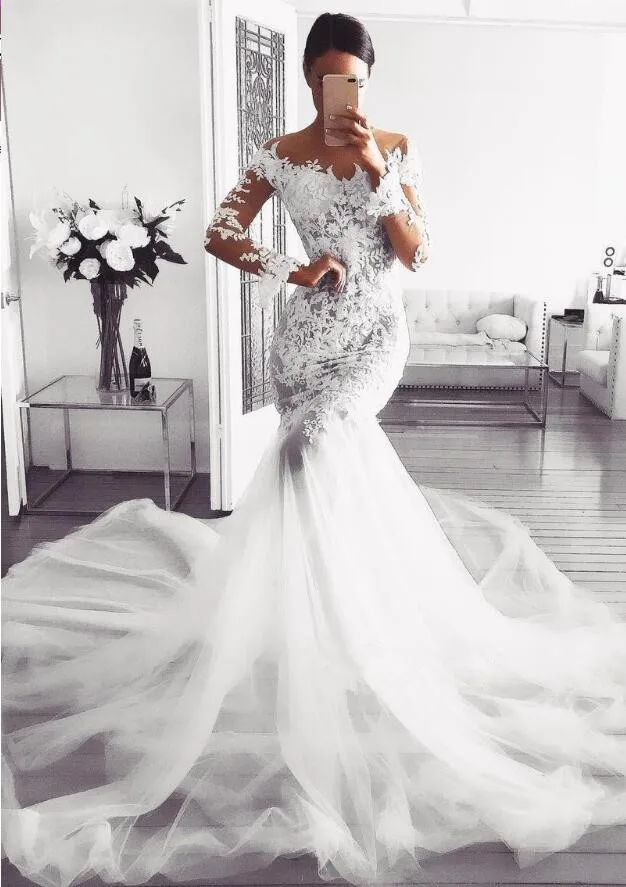 

Elegant White Lace Mermaid Wedding Dress Long Sleeve Off Shoulder Wedding Gowns Appliques Tulle Bridal Dress Robe Femme Mariage