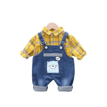 

Kids Infant Boys Party Formal Clothes Outfits Plaid Shirt+cartoon Bib Pants Kids Clothes Costume Toddler Boys Sets 1 2 3 4 Years