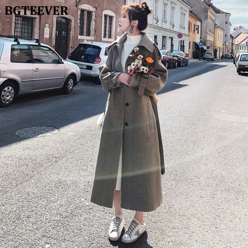 BGTEEVER элегантное женское пальто с поясом однобортное зимнее шерстяное утолщенное