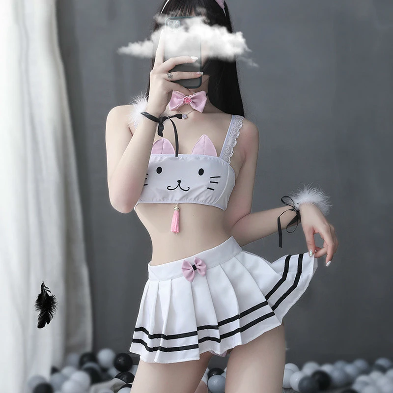 Lencería erótica de gato Lolita para mujer, ropa interior de Anime Kawaii,  minifalda, sujetador de gato, conjunto Sexy de cola de oreja|Conjuntos de  lencería| - AliExpress