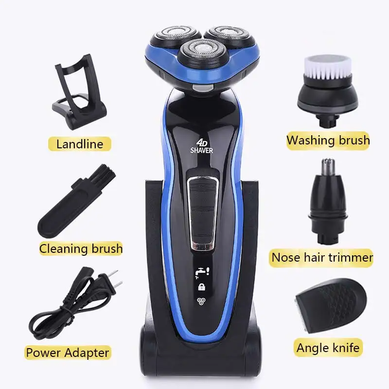 

Electric Shaver 4 in 1 Three Cutter Head 4D Floating Men's Beard Trimmer Body Wash Razor Corner Knife Nose Hair Trim Wash Brush