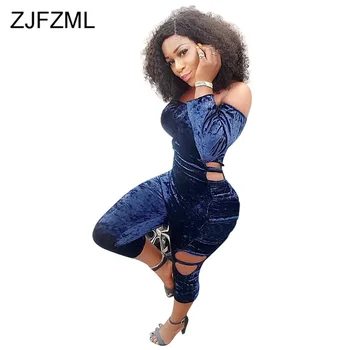

Side Hollow Out Sexy Velvet Jumpsuit Women Slash Neck Backless Bandage One Piece Rompers Fall Solid Bodycon Long Sleeve Bodysuit