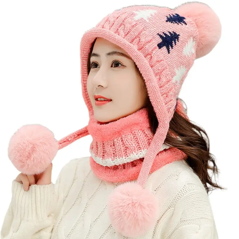 PK Women Tree Cable Knit Pompom Beanie Earflap Hat Plush Lined Infinity Scarf Set - Цвет: PK