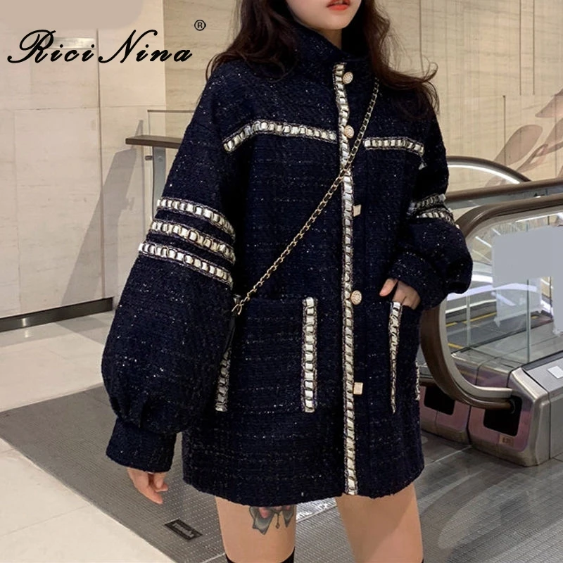 RICININA Women Jacket Winter Woolen Coats Buttons Pockets Patchwork Oversize Coat Jackets Women Long Sleeve Casual Outwear