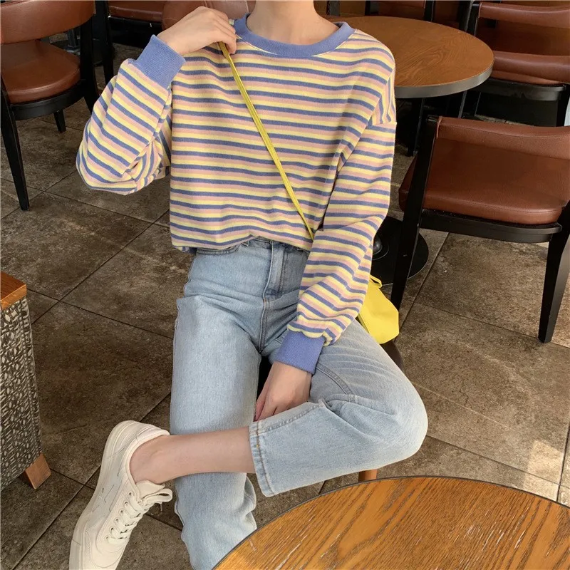 

Women Autumn Spring Sweater Pull Femme Jersey Mujer Pullover Stripes Print Loose Long Sleeved Round Collar Casual Sweater 2020