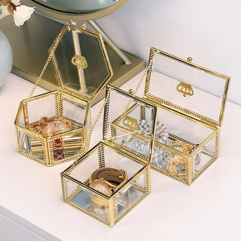 

Clear Glass Jewelry Box Makeup Cosmetic Organizer Watch Display Stand Bathroom Storage Rack Earrings Jewelry Storage Accessories