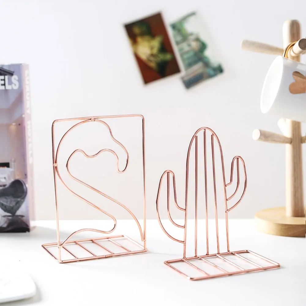 2PCS/Lot Creative Cactus Flamingo Shaped Metal Bookends Book Support Stand Desk Organizer Storage Holder Shelf