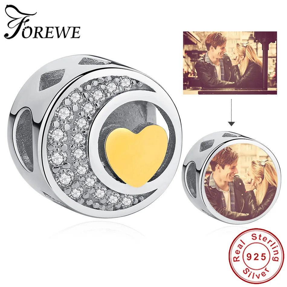 Real 925 Sterling Silver Photo Custom Charm Moon Heart Yellow Beads Fits Brand Bracelet For Women Fine Jewelry Anniversary Gift photo