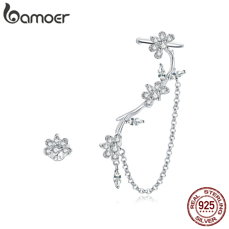 

bamoer Silver Blossoming Flowers Earring 925 Sterling Silver Asymmetric Clear CZ Earring for Women Wedding Trendy Jewelry BSE476