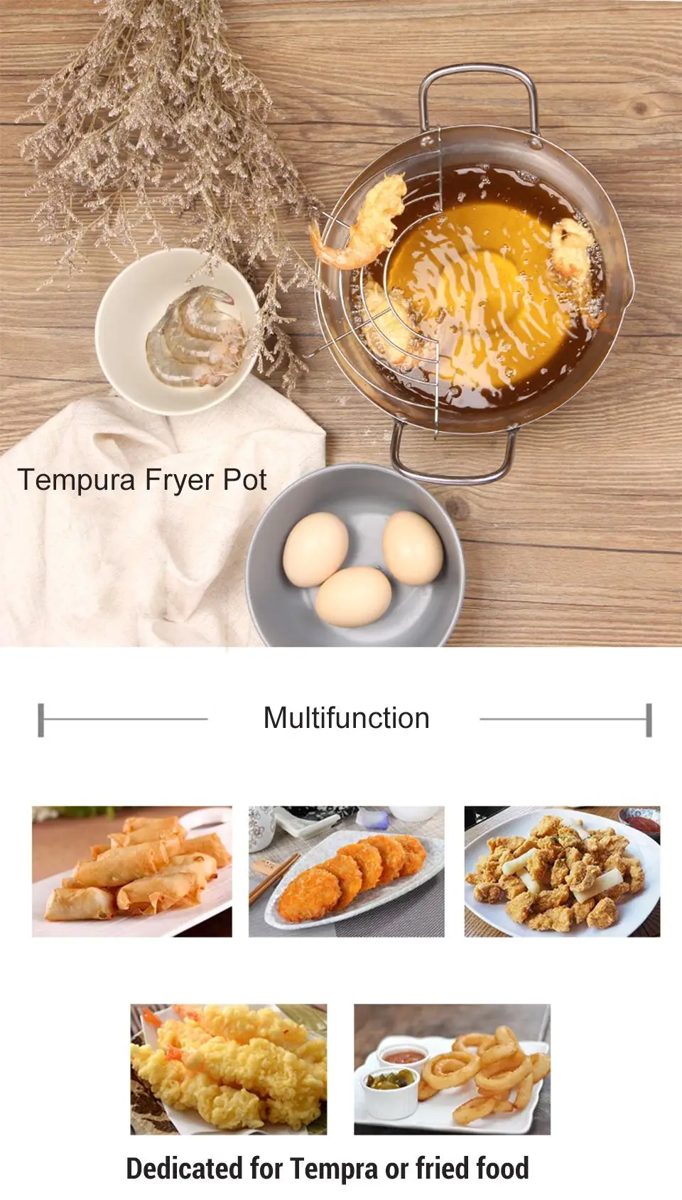 TEENRA Silver Tempura Fryer Pot Japanese Style Potable Frying Pots With Drainer Basket Household Cookware Kitchen Utensils