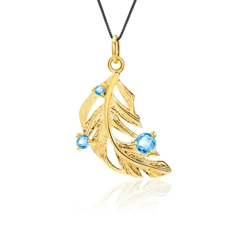

GEM'S BALLET Real 925 Sterling Silver Golden Feathers Leaf Pendant Natural Blue Topaz Gemstone Necklace For Women Fine Jewelry