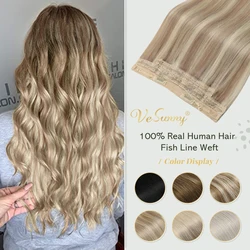 VeSunny One Piece Invisible Halo Hair Extensions Machine Remy Human Hair Wire with 2 Clips Wigs on Dark Blonde Highlights