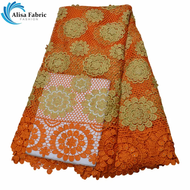 

Alisa African Cord Lace Fabric Embroidery Lace Orange Design African Mesh Lace Fabrics With Water Soluble and Stones For Sewing