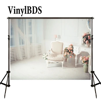 

VinylBDS Photography Backdrops Chair Wedding Backdrop White Wood Floor Background Curtain and Flower Backdrop for Photocall