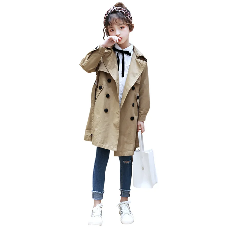 

2019 New Girls Coat Spring and Autumn British Style Children's Wear Fashion Long Solid Color Girl Windbreaker
