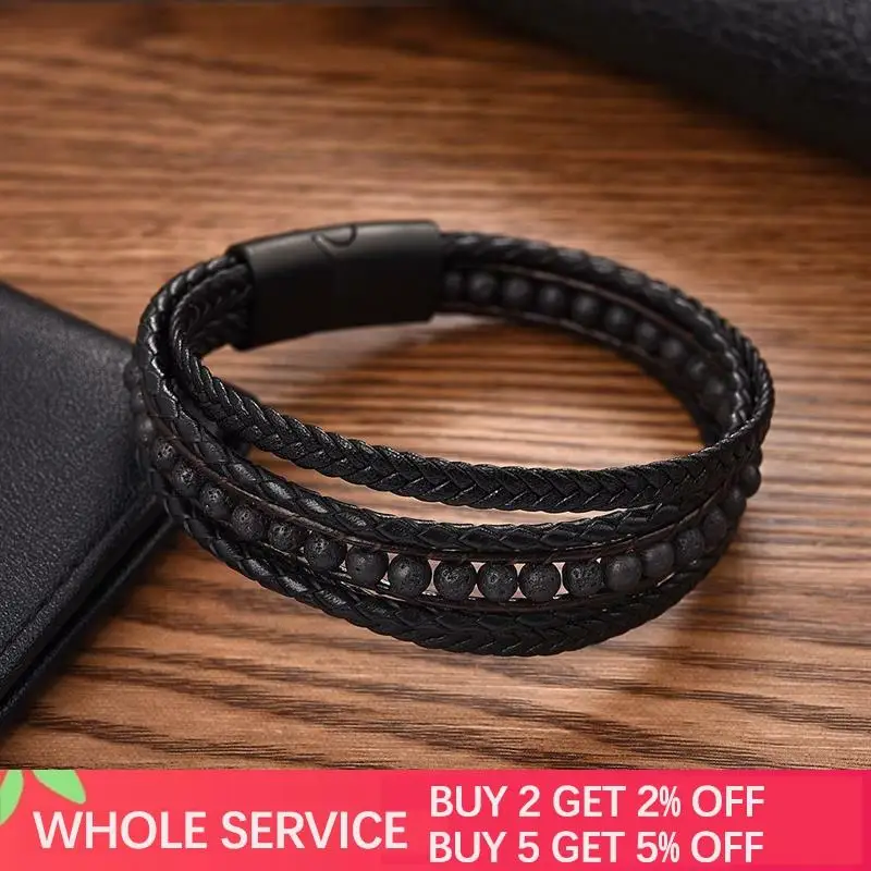 Jiayiqi Fashion Natural Stone Beads Men Bracelet Multilayer Leather Bracelet Punk Jewelry Stainless Steel Magnetic Clasp Bangles