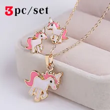3 adet/takım kolye kolye yüzük seti pembe at Unicorn takı aksesuarları kolye kadınlar için kız kitleri hediyeler düğün parti(China)