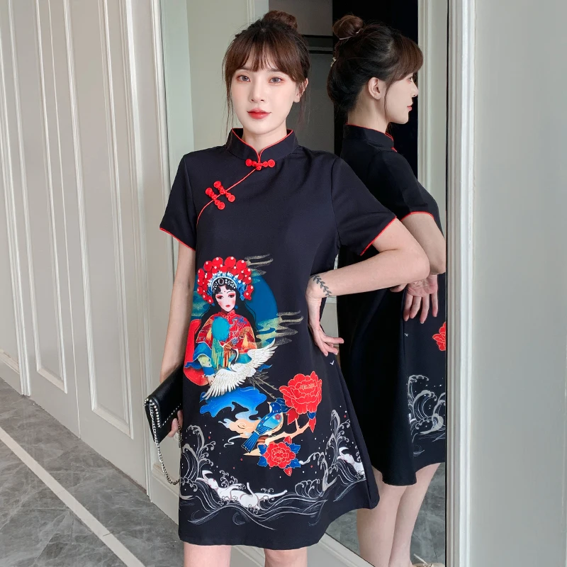 

Plus Size M-4XL Peking Opera Print Fashion Modern Trend Cheongsam Dress for Women Short Sleeve Qipao Traditional Chinese Clothes