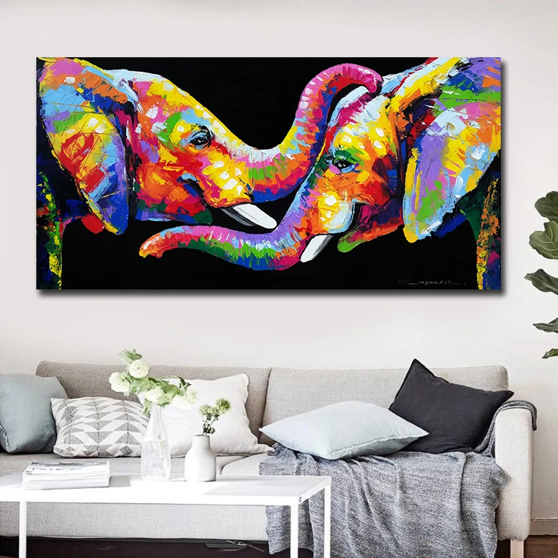 

Colorful Elephant Oil Paintings on Canvas Wall Art Posters and Prints Couple Elephants Cuadros Pictures for Living Room Decor