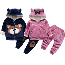 Утепленный плюшевый теплый комплект одежды для маленьких мальчиков и девочек, зимние комплекты одежды с изображением мишки Мауса для девочек, куртка с капюшоном и штаны Детский костюм