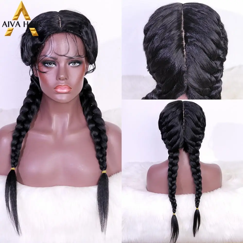 Aiva-Peluca de cabello sintético resistente al calor para mujeres negras, hecha a máquina con cuero cabelludo falso, peluca trenzada negra, Cosplay