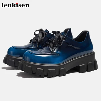 

Lenkisen genuine leather thick bottom preppy style round toe waterproof fashion daily wear classic lace up big size pumps L5f2