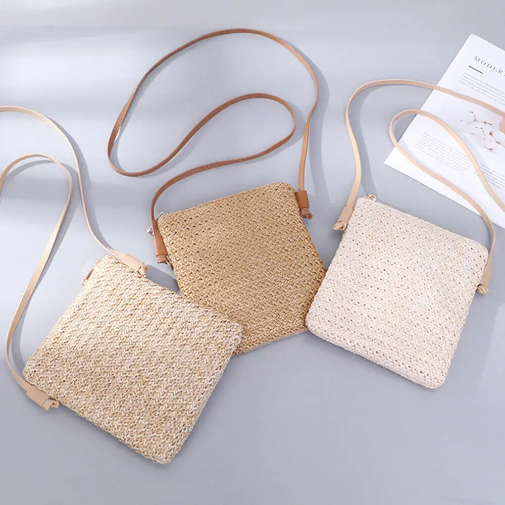 

Women's Totes Summer Beach Straw Plait Small Square Zipper Bags One Shoulder Slanted Across Bag Coin Purses