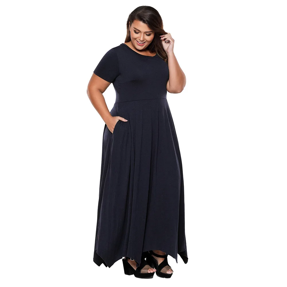 

Shi ying WOMEN'S Dress New Style Crew Neck Short Sleeve Have Pocket High-waisted Irregular Hem Plus-sized Dress 61902
